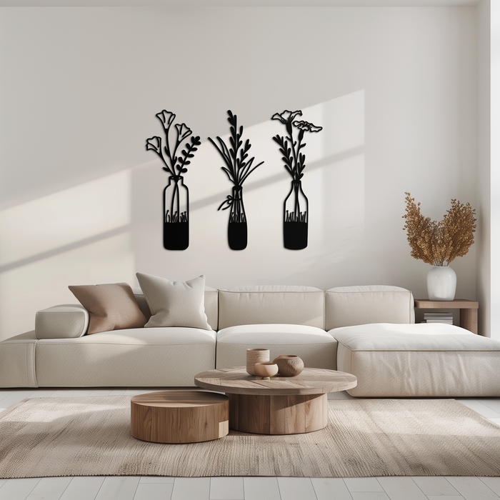 Rustic Floral Bottle Metal Wall Art - Elegant Vase & Flower Steel Decor - KAF142