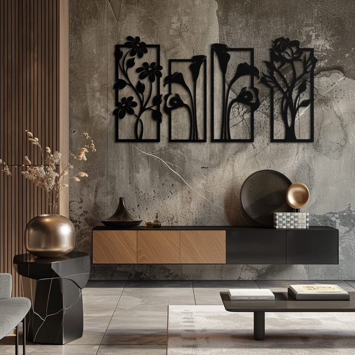 Floral Metal Wall Art - Elegant Botanical Panel Set- KAF167