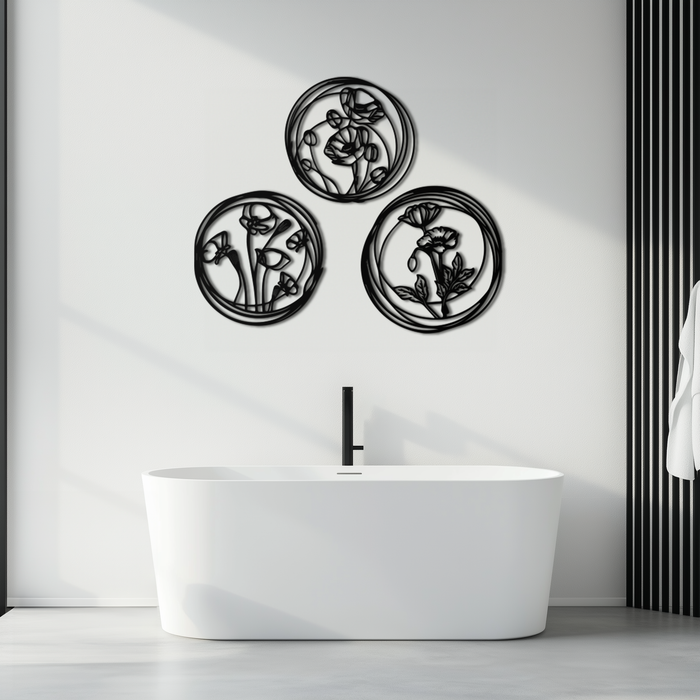 Floral Trio Metal Wall Art - Modern Botanical Circle Wall Decor- KAF168