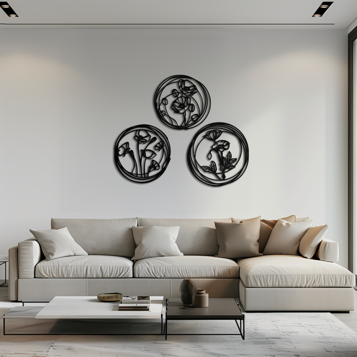 Floral Trio Metal Wall Art - Modern Botanical Circle Wall Decor- KAF168