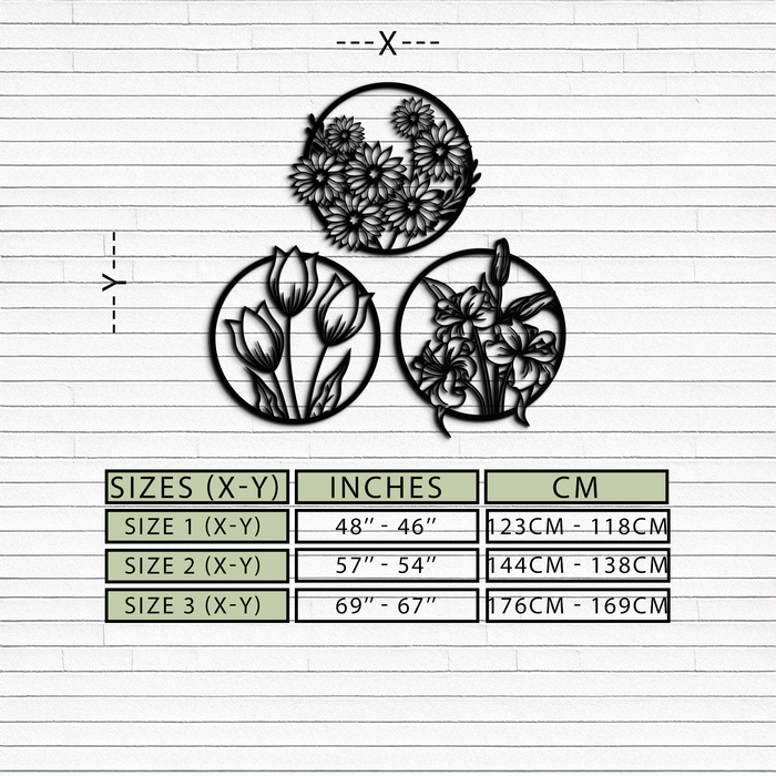 Floral Harmony Metal Wall Art - Set of Three Elegant Botanical Designs - KAF223