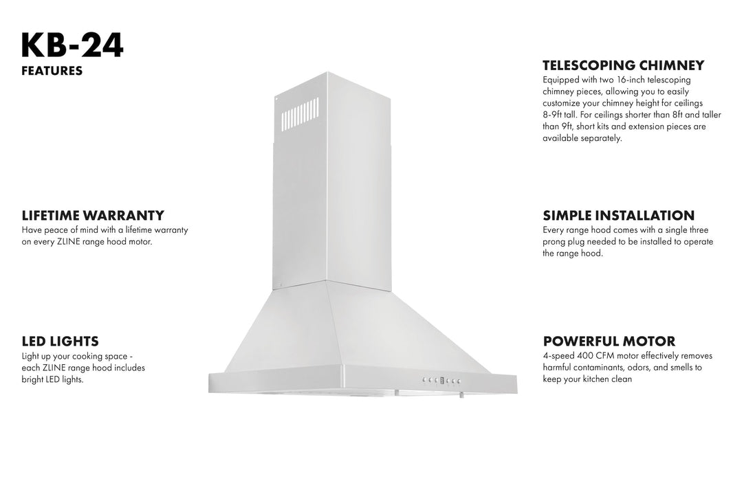 ZLINE 24 in. Convertible Vent Wall Mount Range Hood in Stainless Steel, KB-24