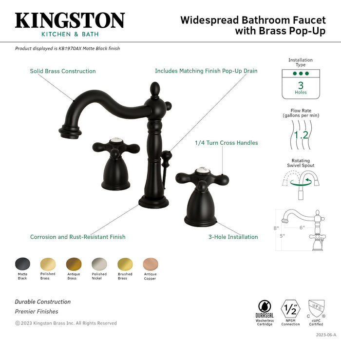 Heritage KB1973AX Two-Handle 3-Hole Deck Mount Widespread Bathroom Faucet with Brass Pop-Up, Antique Brass