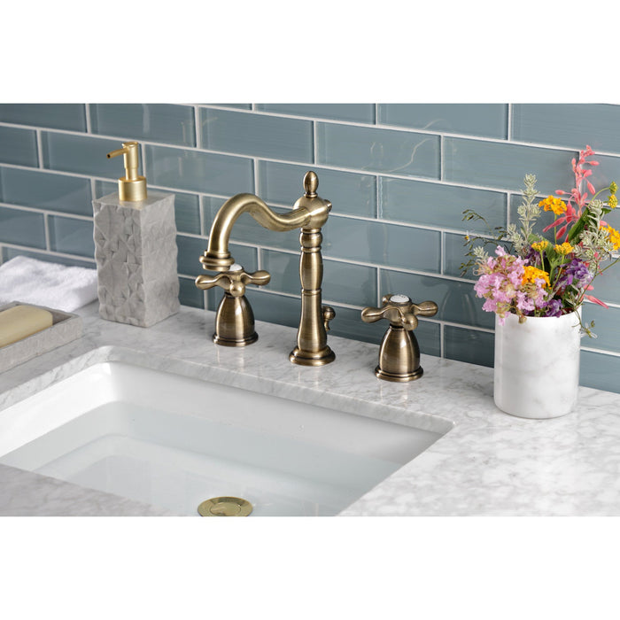 Heritage KB1973AX Two-Handle 3-Hole Deck Mount Widespread Bathroom Faucet with Brass Pop-Up, Antique Brass