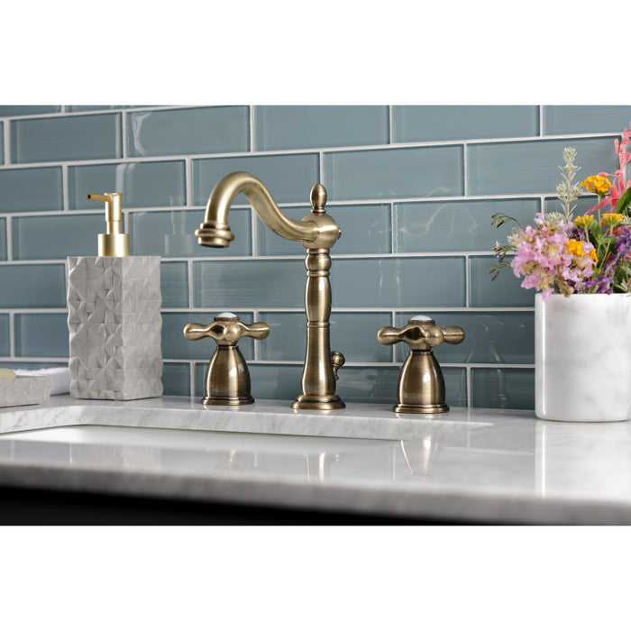 Heritage KB1973AX Two-Handle 3-Hole Deck Mount Widespread Bathroom Faucet with Brass Pop-Up, Antique Brass