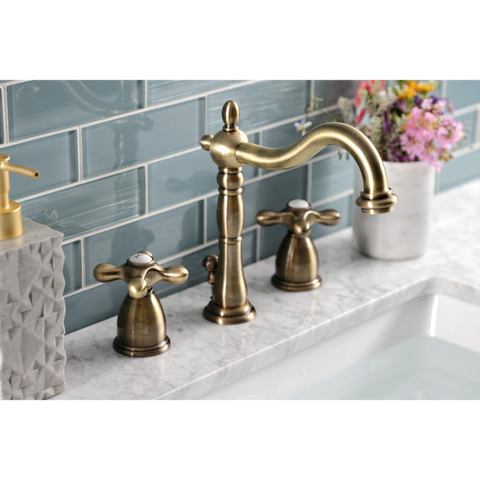 Heritage KB1973AX Two-Handle 3-Hole Deck Mount Widespread Bathroom Faucet with Brass Pop-Up, Antique Brass