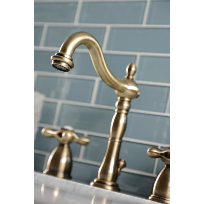 Heritage KB1973AX Two-Handle 3-Hole Deck Mount Widespread Bathroom Faucet with Brass Pop-Up, Antique Brass