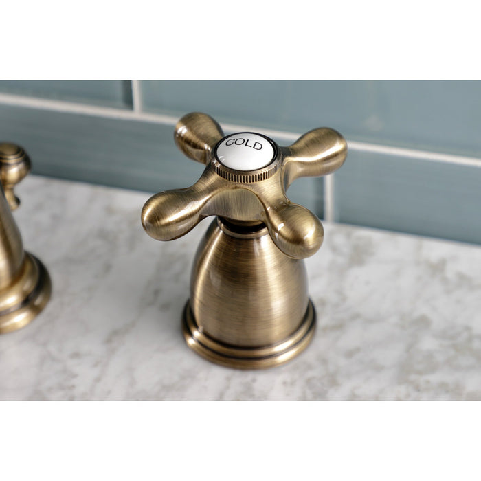 Heritage KB1973AX Two-Handle 3-Hole Deck Mount Widespread Bathroom Faucet with Brass Pop-Up, Antique Brass
