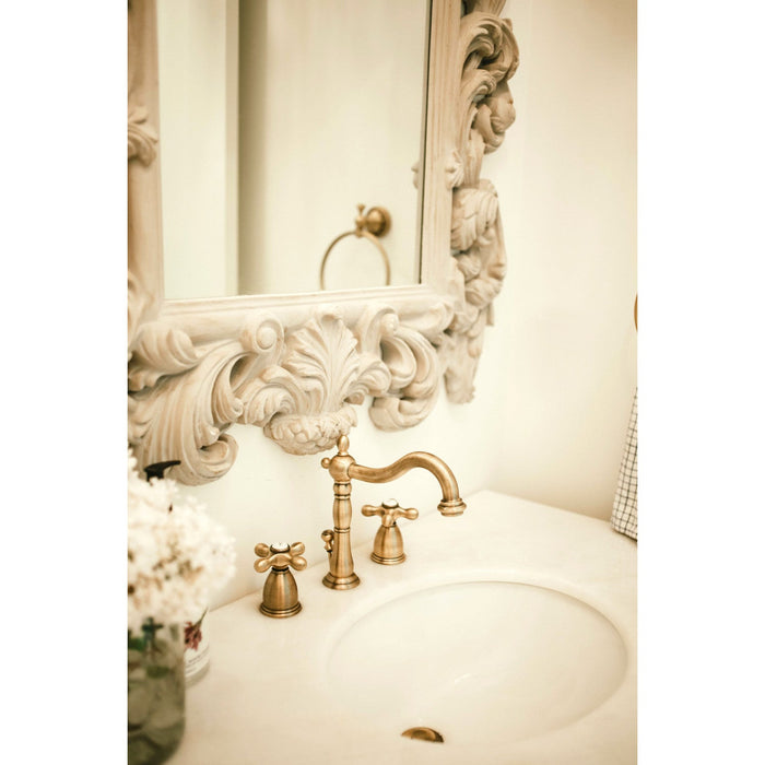 Heritage KB1973AX Two-Handle 3-Hole Deck Mount Widespread Bathroom Faucet with Brass Pop-Up, Antique Brass