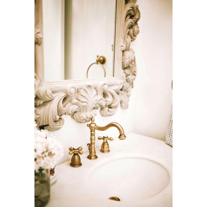 Heritage KB1973AX Two-Handle 3-Hole Deck Mount Widespread Bathroom Faucet with Brass Pop-Up, Antique Brass