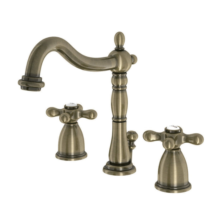 Heritage KB1973AX Two-Handle 3-Hole Deck Mount Widespread Bathroom Faucet with Brass Pop-Up, Antique Brass