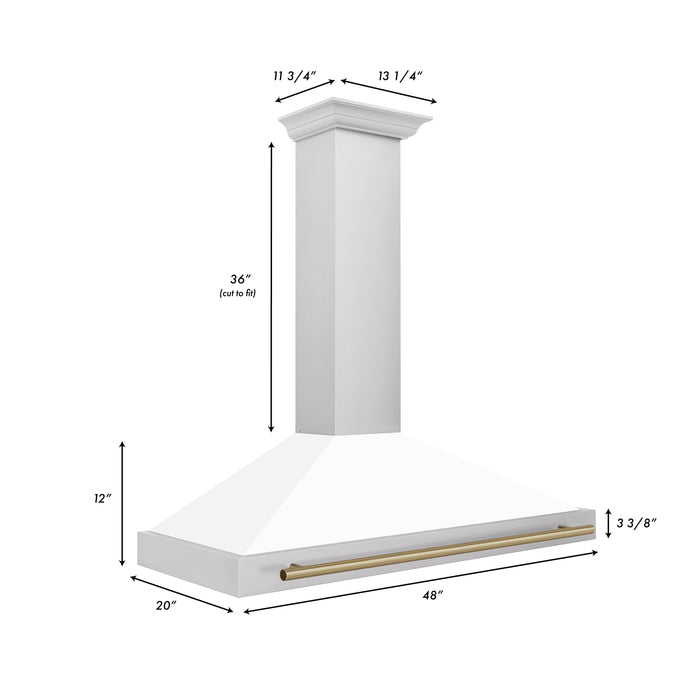 ZLINE 48" Autograph Edition Range Hood in Stainless Steel with White Matte Shell and Champagne Bronze Handle, KB4STZ-WM48-CB