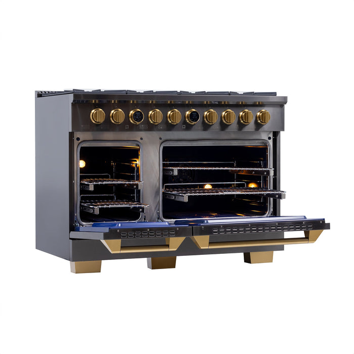 Kucht 48" 8 Burner Double Oven Natural Gas Dual Fuel Range in Titanium Stainless Steel with Digital Thermostat