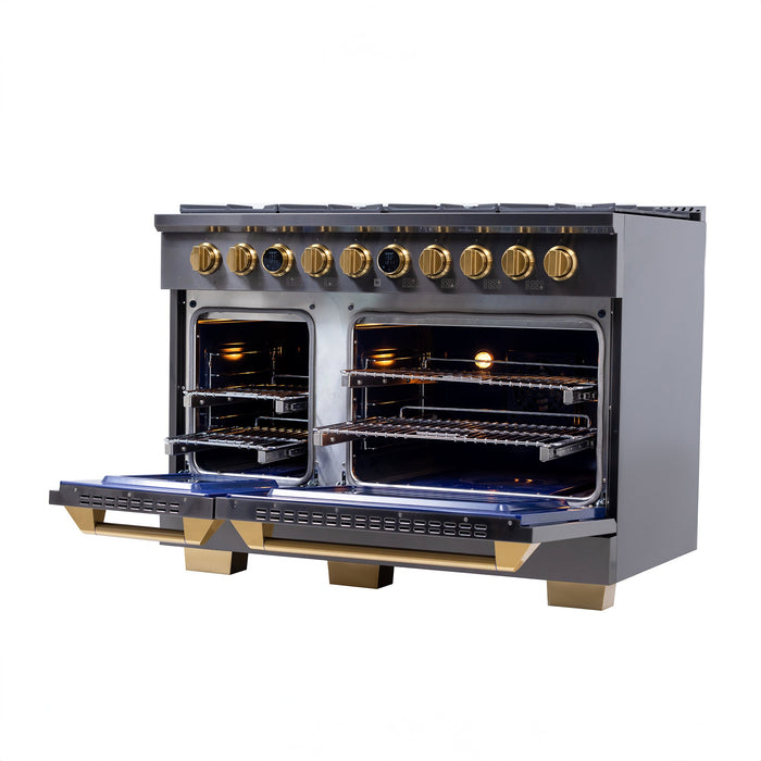 Kucht 48" 8 Burner Double Oven Natural Gas Dual Fuel Range in Titanium Stainless Steel with Digital Thermostat