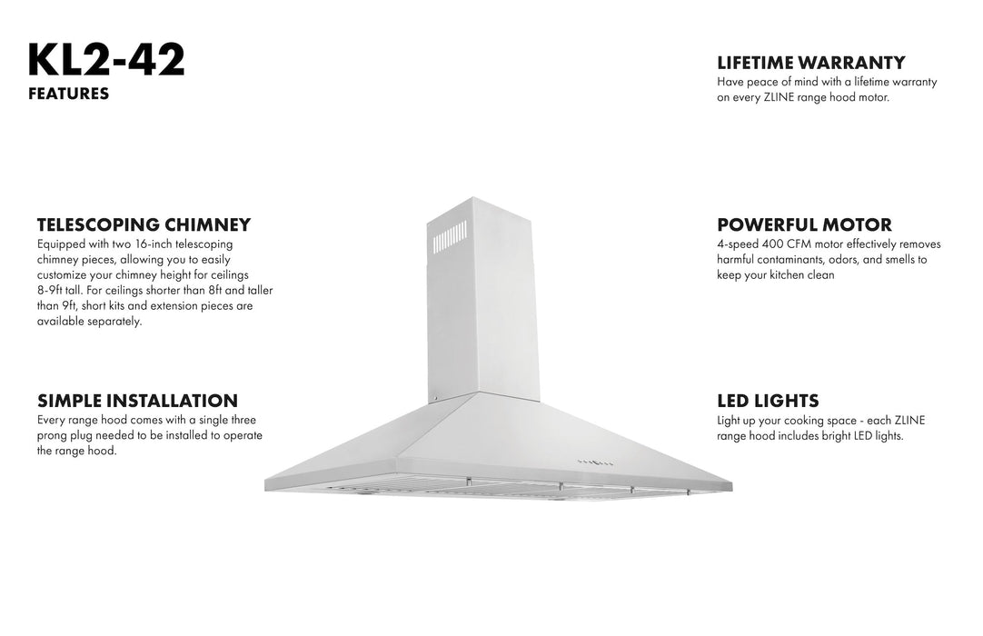 ZLINE 42 in. Convertible Vent Wall Mount Range Hood in Stainless Steel, KL2-42