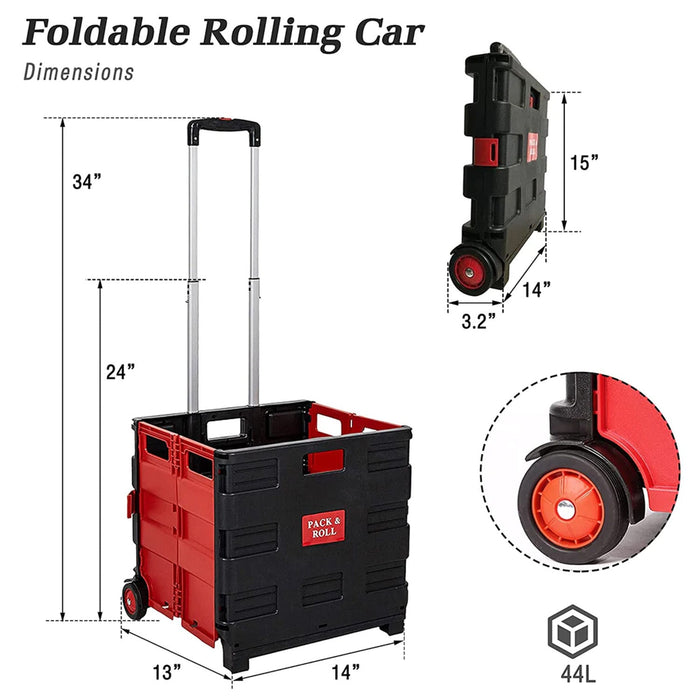 44L Collapsible Rolling Crate Utility Cart Foldable Grocery Cart with Wheels, Red