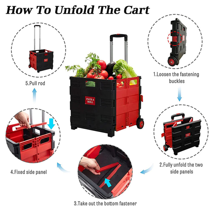 56L Collapsible Rolling Crate Utility Cart Foldable Grocery Cart with Wheels, Red