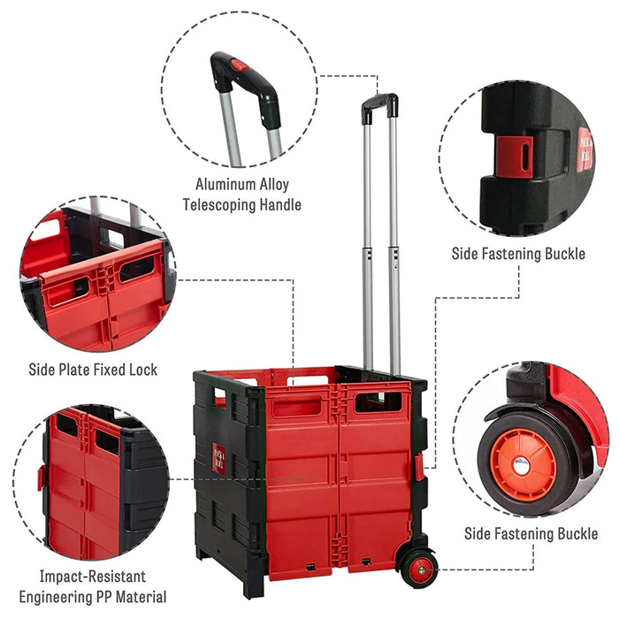 44L Collapsible Rolling Crate Utility Cart Foldable Grocery Cart with Wheels, Red