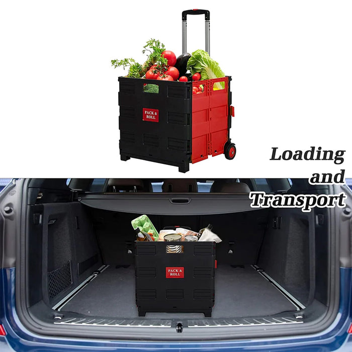 6PCS 56L Collapsible Rolling Crate Utility Cart Foldable Grocery Cart with Wheels, Red