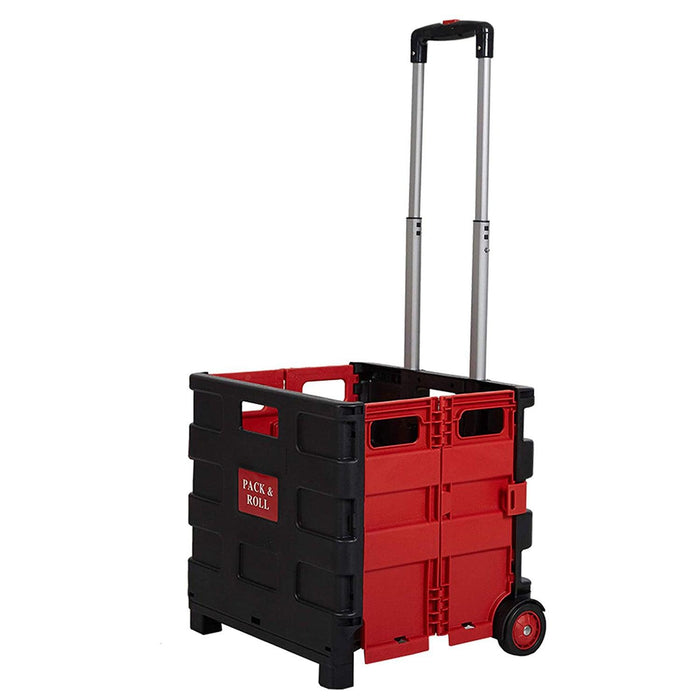 56L Collapsible Rolling Crate Utility Cart Foldable Grocery Cart with Wheels, Red