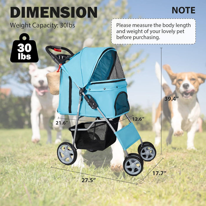 Dog Pet Jogger Stroller Folding Travel Carrier Cart for Small Cat Puppy, 4 Wheels, Blue