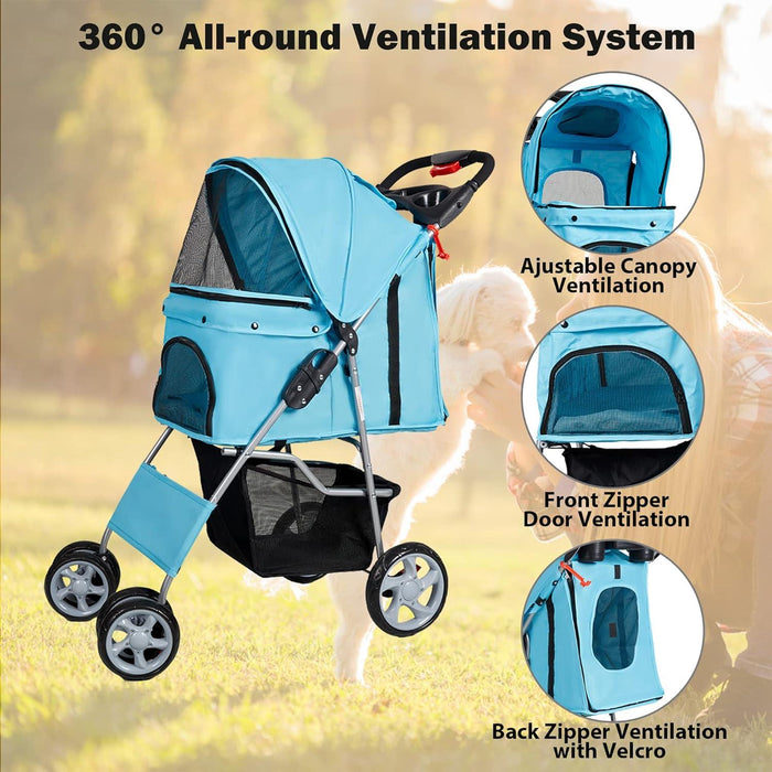 Dog Pet Jogger Stroller Folding Travel Carrier Cart for Small Cat Puppy, 4 Wheels, Blue