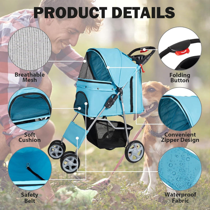 Dog Pet Jogger Stroller Folding Travel Carrier Cart for Small Cat Puppy, 4 Wheels, Blue