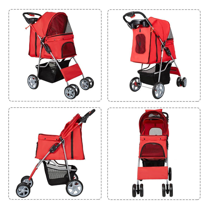 Dog Pet Jogger Stroller Folding Travel Carrier Cart for Small Cat Puppy, 4 Wheels, Red