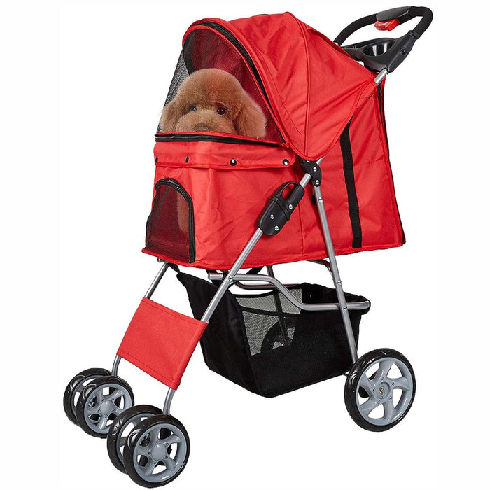 Dog Pet Jogger Stroller Folding Travel Carrier Cart for Small Cat Puppy, 4 Wheels, Red