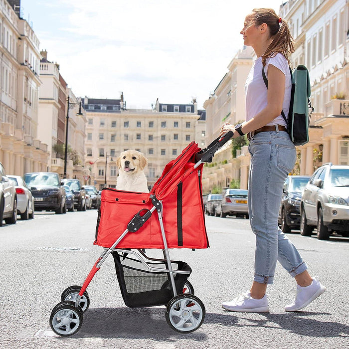 Dog Pet Jogger Stroller Folding Travel Carrier Cart for Small Cat Puppy, 4 Wheels, Red