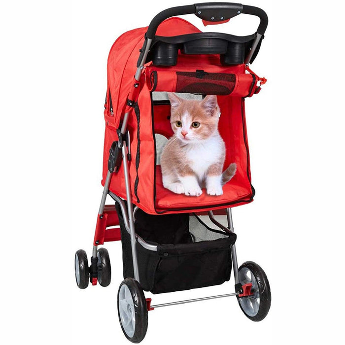 Dog Pet Jogger Stroller Folding Travel Carrier Cart for Small Cat Puppy, 4 Wheels, Red