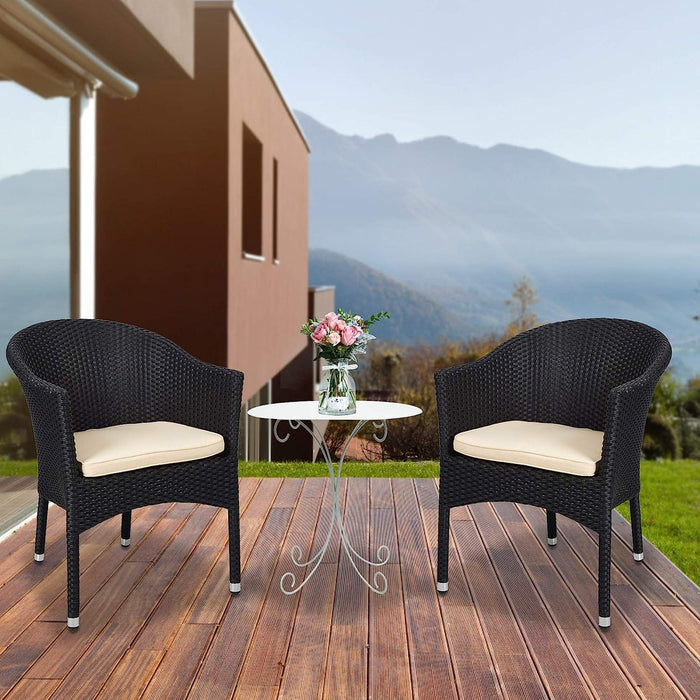 Patio Rattan Chair Stackable Coffee Dining Wicker Chair with Cushions & Arm, Black