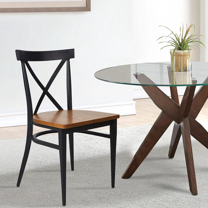 Set of 2 Dining Side Chairs Solid Wood Chair Heavy Duty Metal Frame, X Back, Black