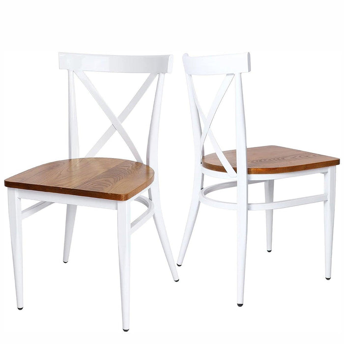 Set of 2 Dining Side Chairs Solid Wood Chair Heavy Duty Metal Frame, X Back, White