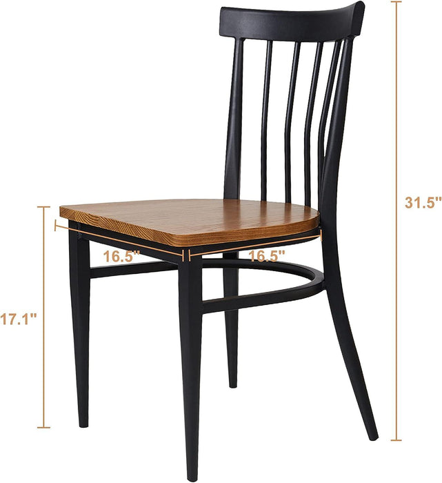 Set of 2 Dining Side Chairs Natural Wood Seat Iron Frame Kitchen Chairs, Comb Back, Black