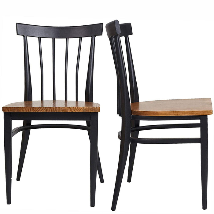 Set of 2 Dining Side Chairs Natural Wood Seat Iron Frame Kitchen Chairs, Comb Back, Black