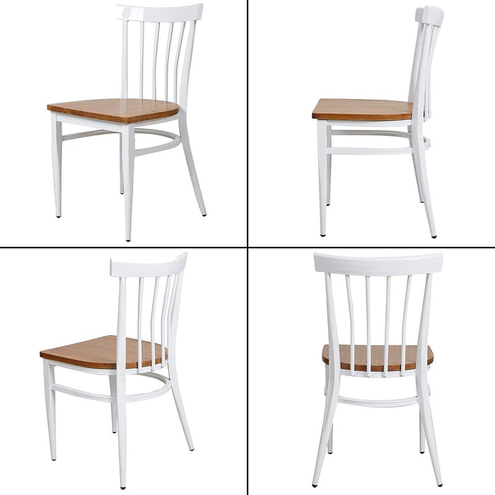 Set of 2 Dining Side Chairs Natural Wood Seat Iron Frame Kitchen Restaurant Chairs, Comb Back, White