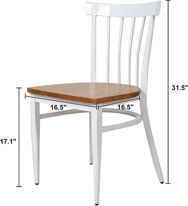 Set of 2 Dining Side Chairs Natural Wood Seat Iron Frame Kitchen Restaurant Chairs, Comb Back, White