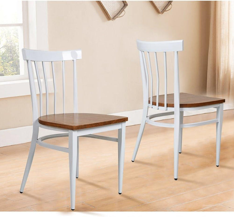 Set of 2 Dining Side Chairs Natural Wood Seat Iron Frame Kitchen Restaurant Chairs, Comb Back, White