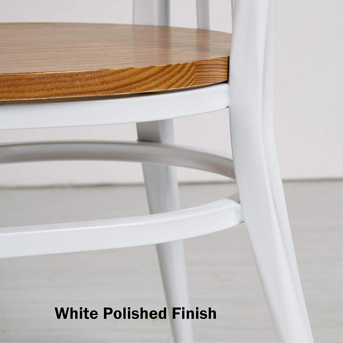 Set of 2 Dining Side Chairs Natural Wood Seat Iron Frame Kitchen Restaurant Chairs, Comb Back, White