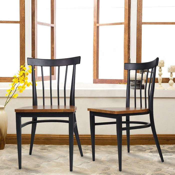 Set of 2 Dining Side Chairs Natural Wood Seat Iron Frame Kitchen Chairs, Comb Back, Black