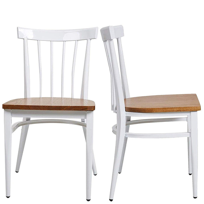 Set of 2 Dining Side Chairs Natural Wood Seat Iron Frame Kitchen Restaurant Chairs, Comb Back, White