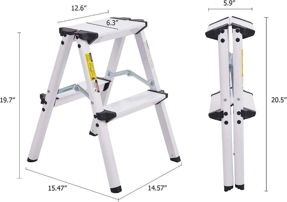 2 Step Ladder Folding White Aluminum Step Stool Capacity 250 lbs for Adults, 20"