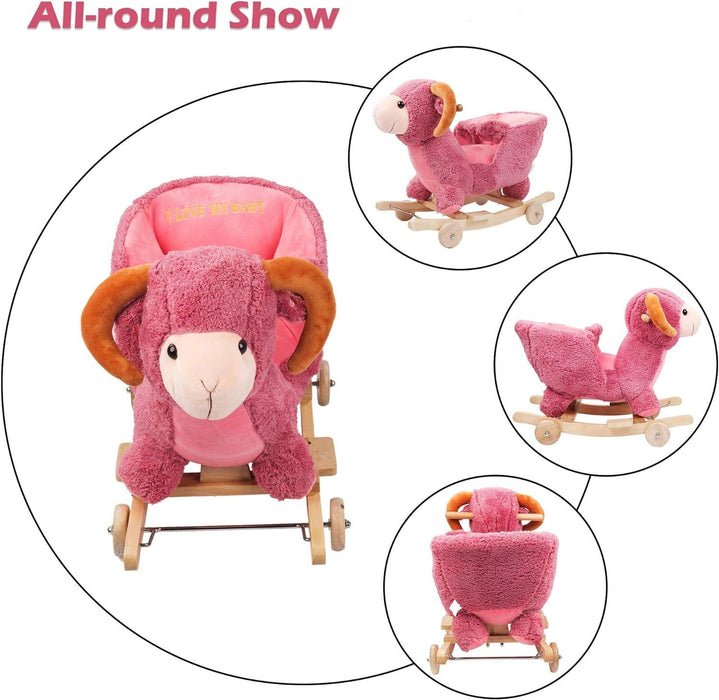 2-in-1 Ride-on Wooden Plush Rocking Horse Chair with Music for Baby Kids Toddlers, Pink Sheep