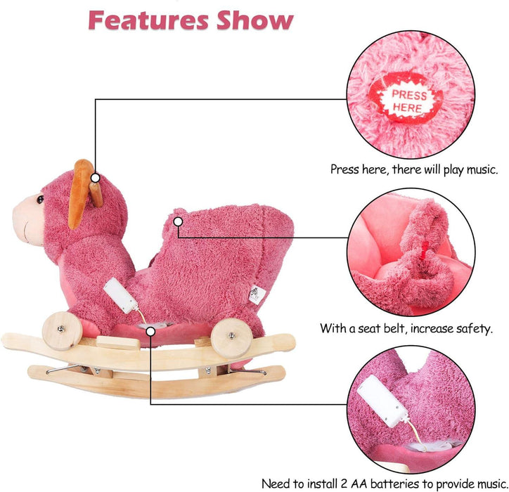 2-in-1 Ride-on Wooden Plush Rocking Horse Chair with Music for Baby Kids Toddlers, Pink Sheep