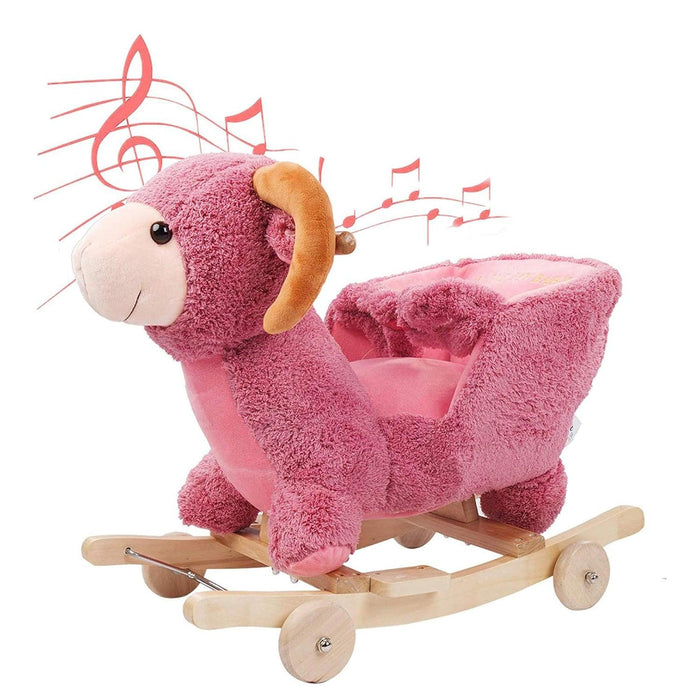 2-in-1 Ride-on Wooden Plush Rocking Horse Chair with Music for Baby Kids Toddlers, Pink Sheep