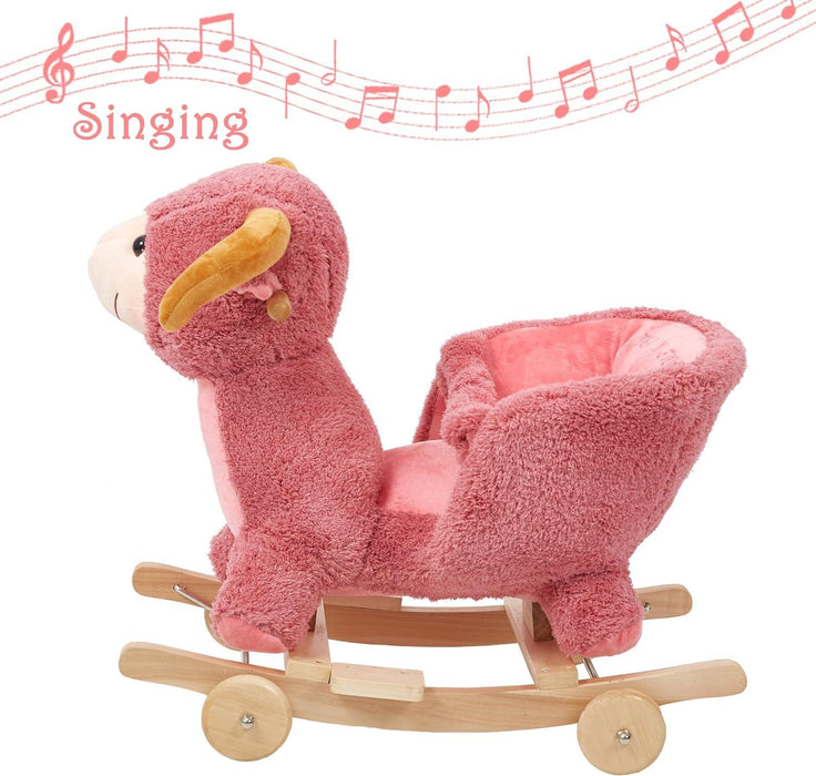 2-in-1 Ride-on Wooden Plush Rocking Horse Chair with Music for Baby Kids Toddlers, Pink Sheep