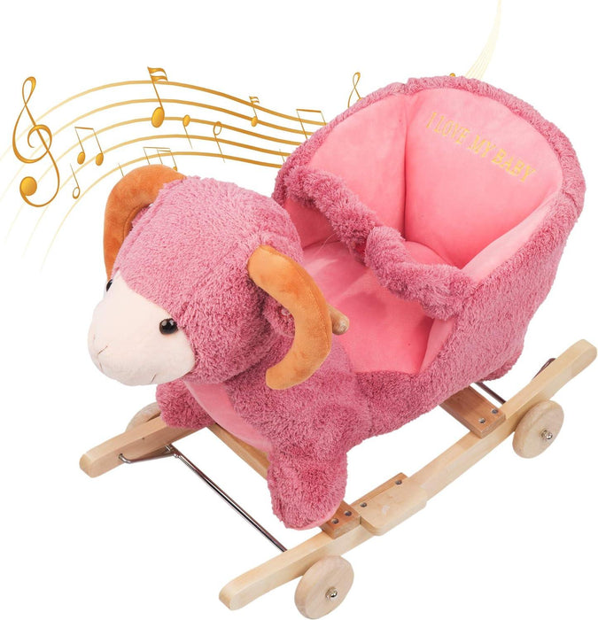 2-in-1 Ride-on Wooden Plush Rocking Horse Chair with Music for Baby Kids Toddlers, Pink Sheep