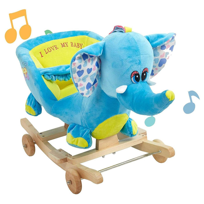 2-in-1 Ride-on Wooden Plush Rocking Horse Chair with Music for Baby Kids Toddlers, Blue Elephant