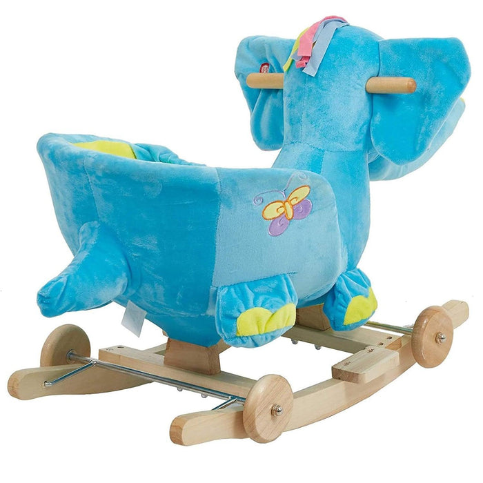 2-in-1 Ride-on Wooden Plush Rocking Horse Chair with Music for Baby Kids Toddlers, Blue Elephant